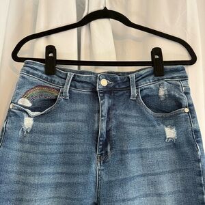 Judy Blue Straight Leg Jeans Rainbow Pocket High Rise Distressed 13/31